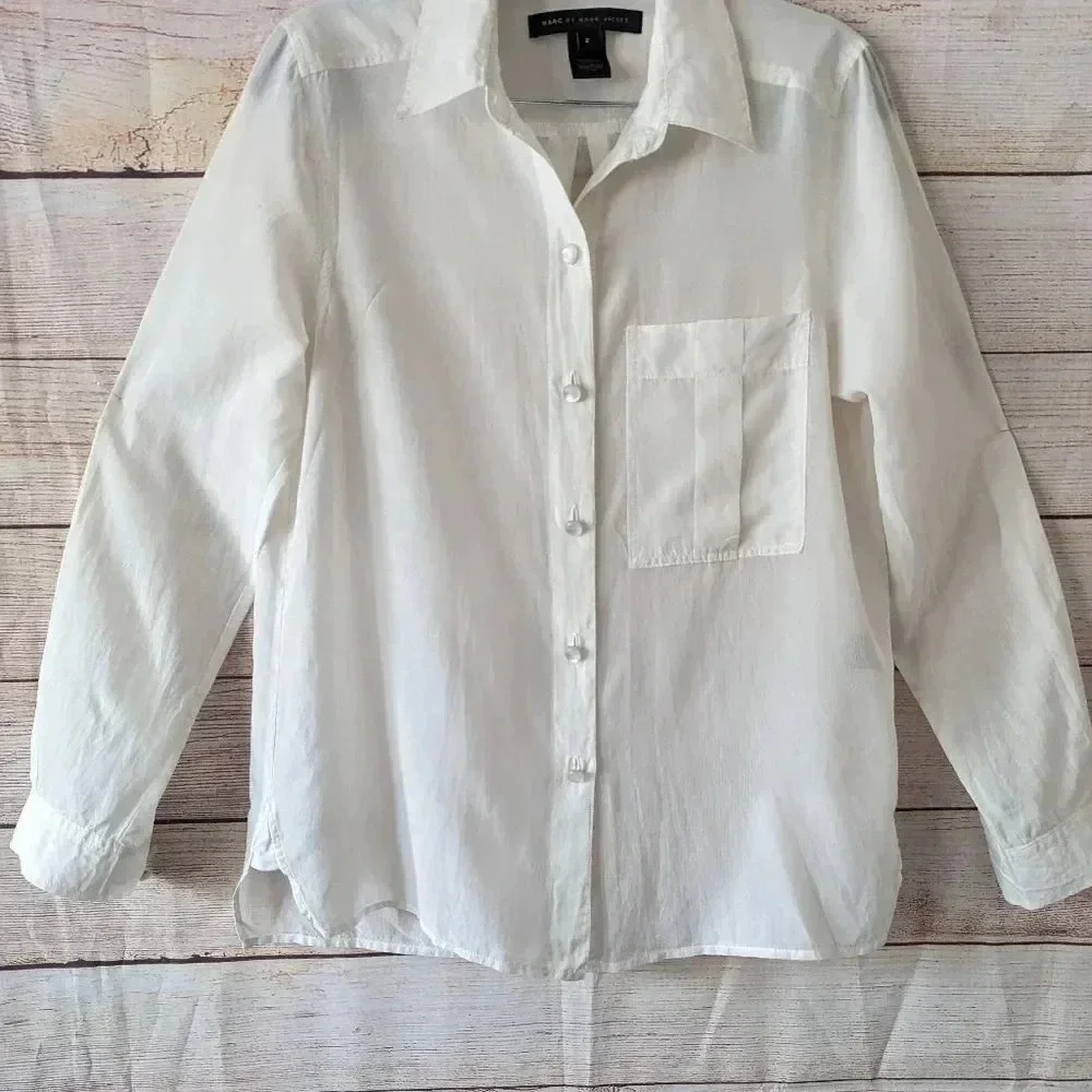Marc by Marc Jacobs Parchment Shirt Pearl Button Cream Color Roll Tab Sleeve - Picture 4 of 14